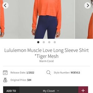 Lululemon Muscle Love Long Sleeve Shirt - Warm Coral